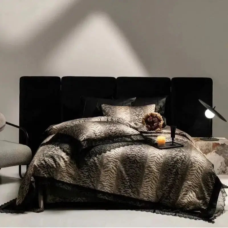 Afralia™ Black Lace Leopard Print 1000TC Egyptian Cotton Bedding Set 4Pcs