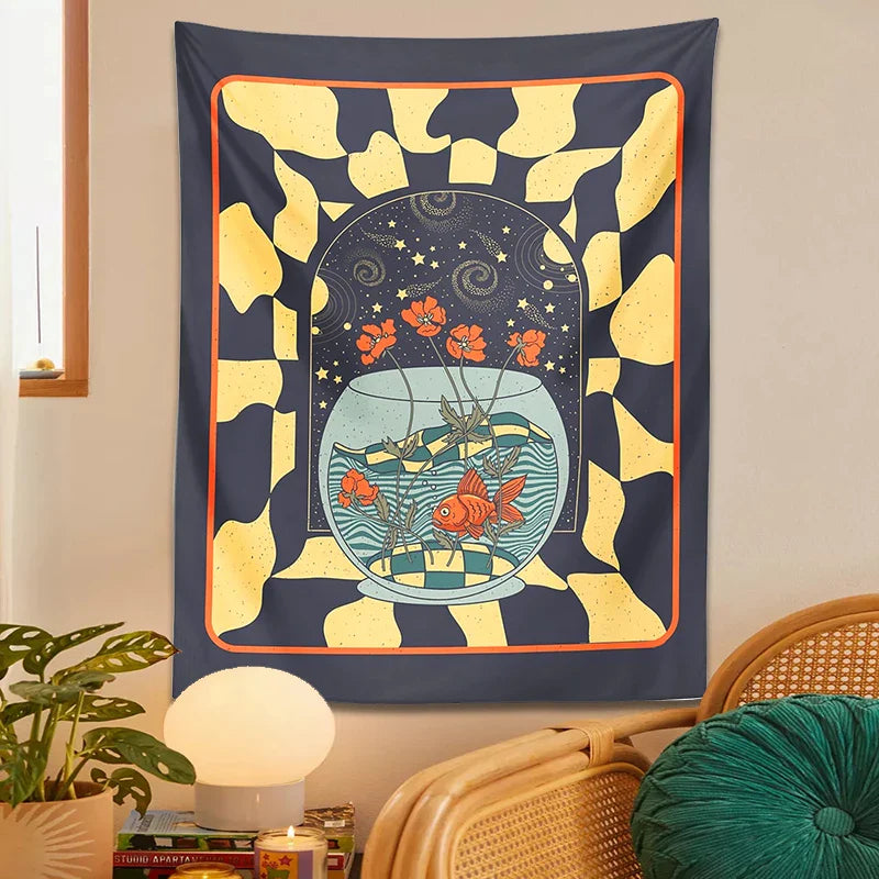 Afralia™ Psychedelic Goldfish Tapestry Wall Hanging Star Geometry Flower Decor