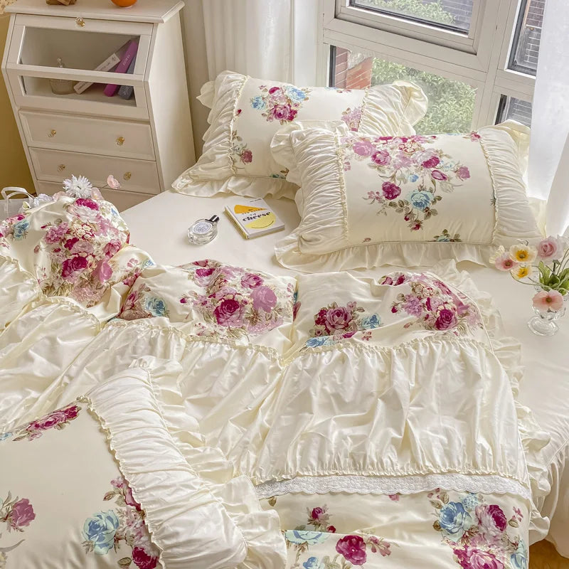 Afralia™ Rose Print Cotton Bedding Set with Pleated Ruffles and French-Inspired Design