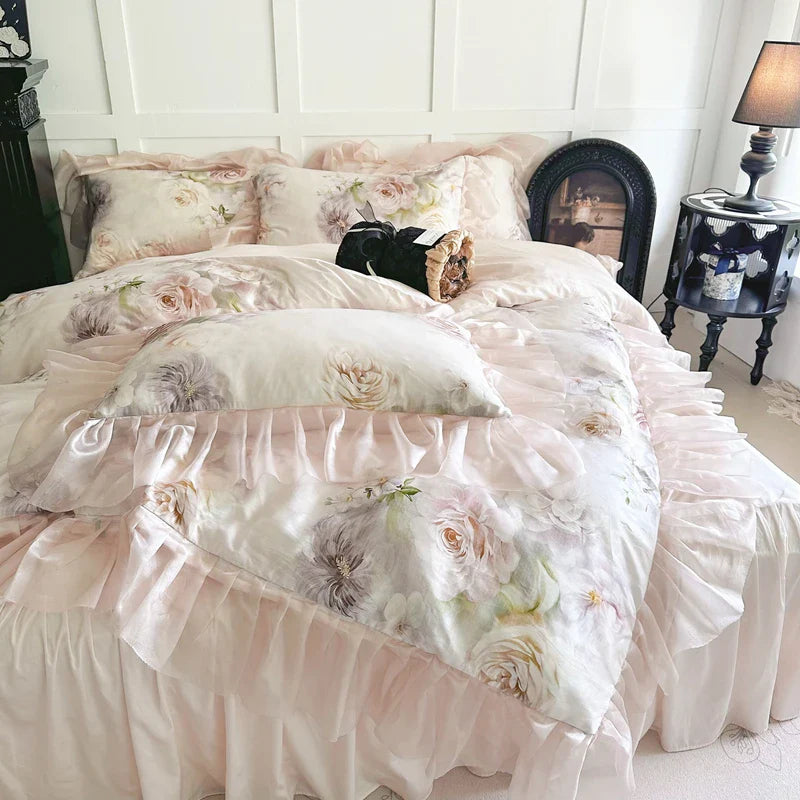 Afralia™ Princess Lace Luxury Bedding Set: Duvet Cover, Sheet Set, Bed Skirt, Pillowcases