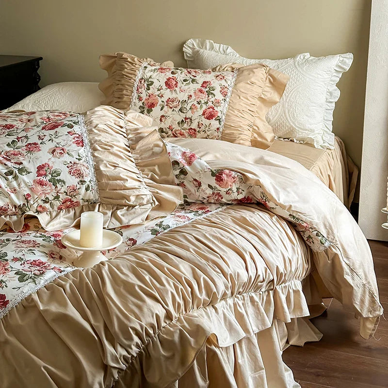 Afralia™ Vintage Floral Lace Ruffles Bedding Set, 100% Cotton, Duvet, Sheets, Pillowcases