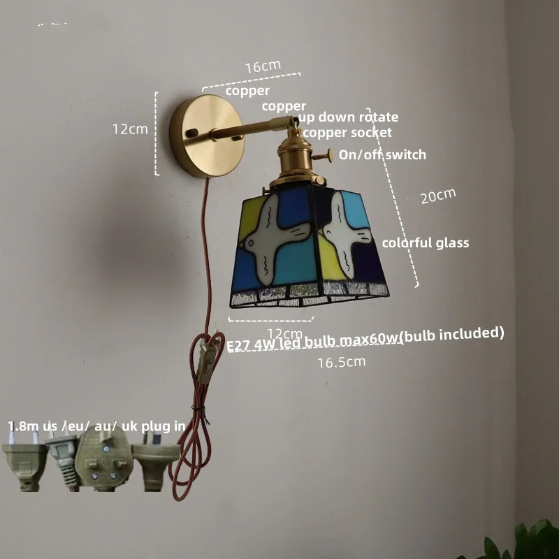 Afralia™ Tiffany Style Colorful Glass Wall Light Fixture - Up Down Rotate Bedside Lamp