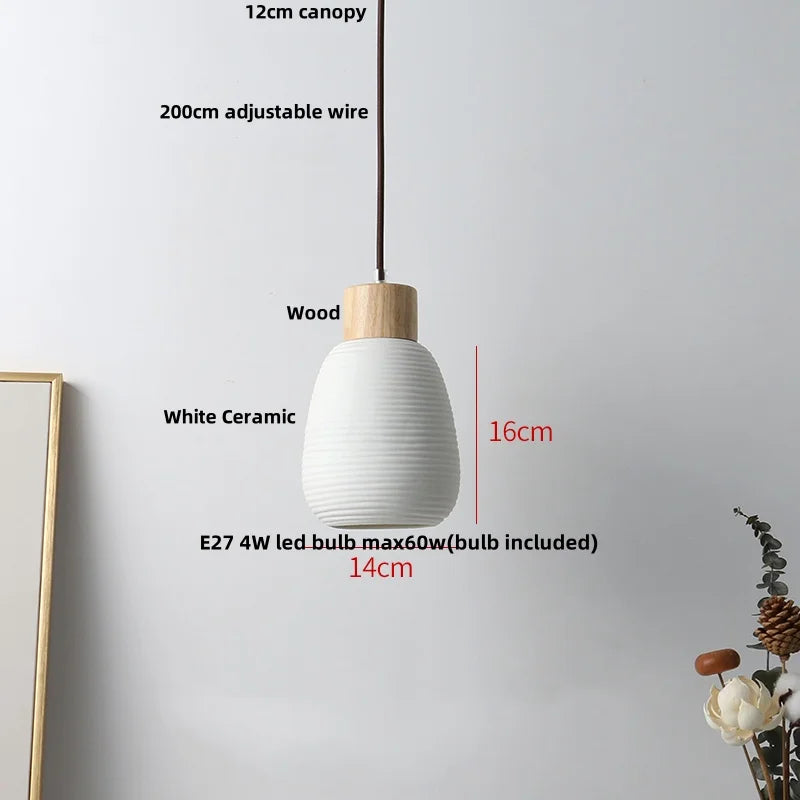 Afralia™ Wood LED Pendant Lamp White Ceramic Ball Hanging Lights