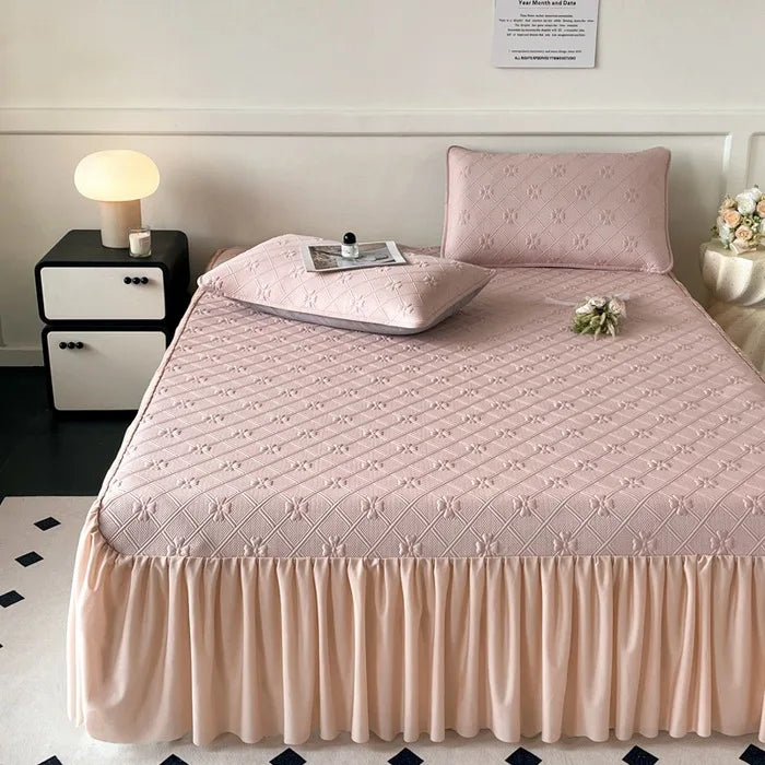 Afralia™ Ice Bean Jacquard Bed Skirt Set - 3 Piece, Summer Washed Mattress Mat