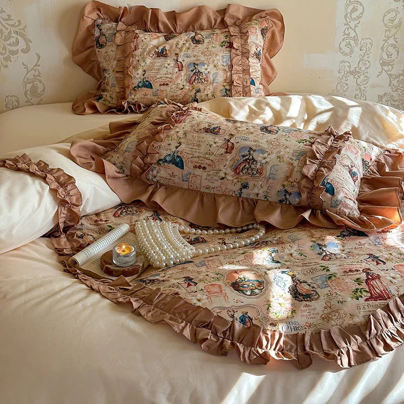 Afralia™ 100% Cotton French Print Lace Ruffles Bedding Set - 4 Piece Bed Sets
