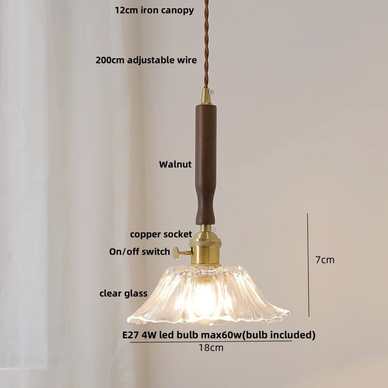 Afralia™ Modern LED Glass Pendant Light Fixture Walnut Wood Hang Lamp