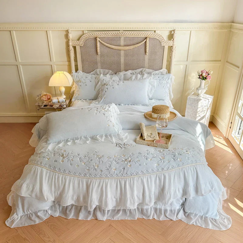 Afralia™ Pink Lace Ruffles Bedding Set, Velvet Duvet Cover, Soft Sheets & Pillowcases