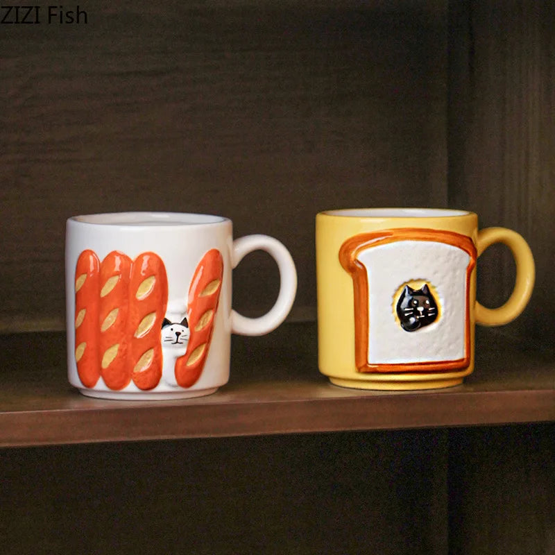 Afralia™ Cat & Bread Pattern Ceramic Cup 200ml Coffee Mug Tea Afternoon Teacup Juice Mug