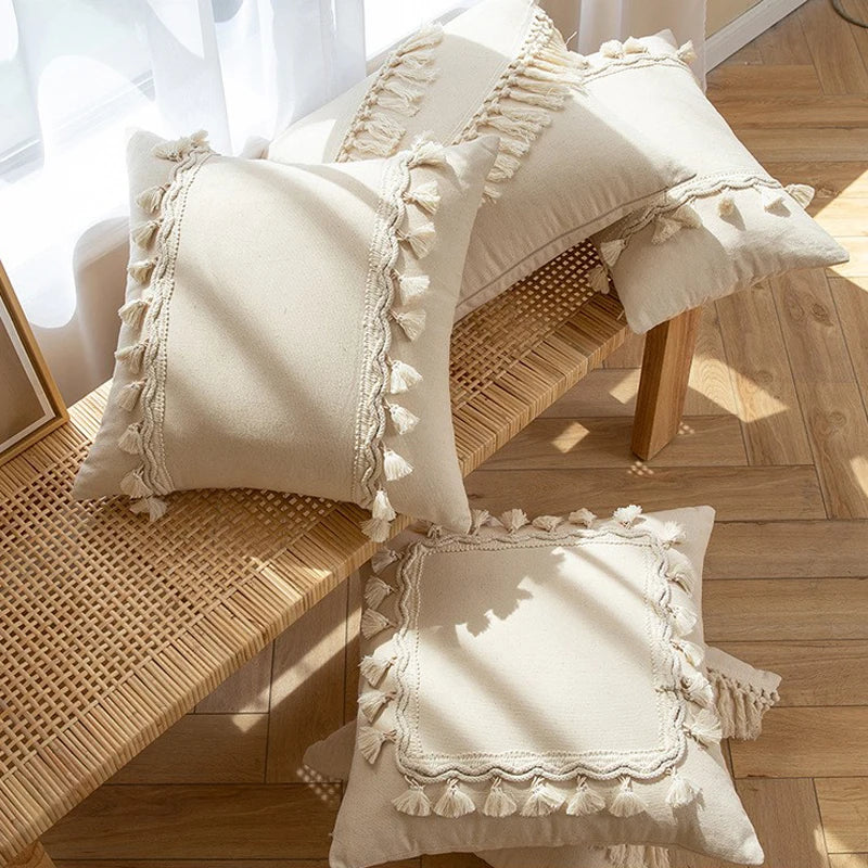 Afralia™ Morroco Beige Fringed Cushion Cover 30X50/45X45cm Handmade Cotton Weave Tassel Pillowcase