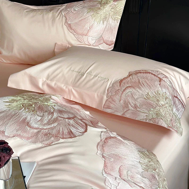 Afralia™ Luxury Pink Blue Champagne Flowers Embroidery Bedding Set 1000TC Egyptian Cotton