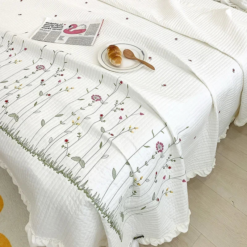 Afralia™ Fresh Flower Embroidered Summer Quilt Set - Lightweight Ruffled Comforter