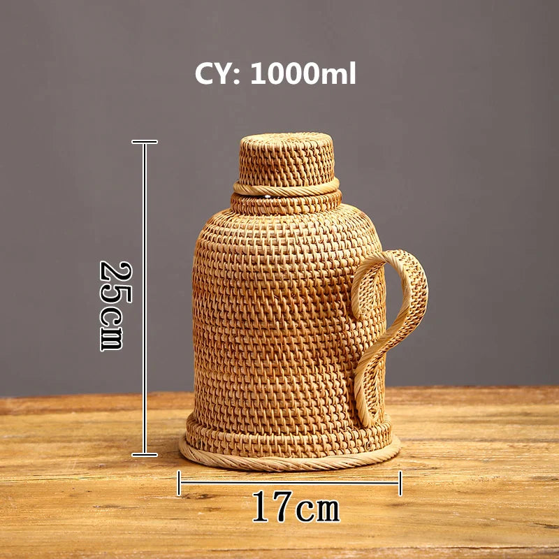 Afralia™ Rattan 1L Vacuum Flask Tea Coffee Jug Hot Water Bottle Thermal Pot