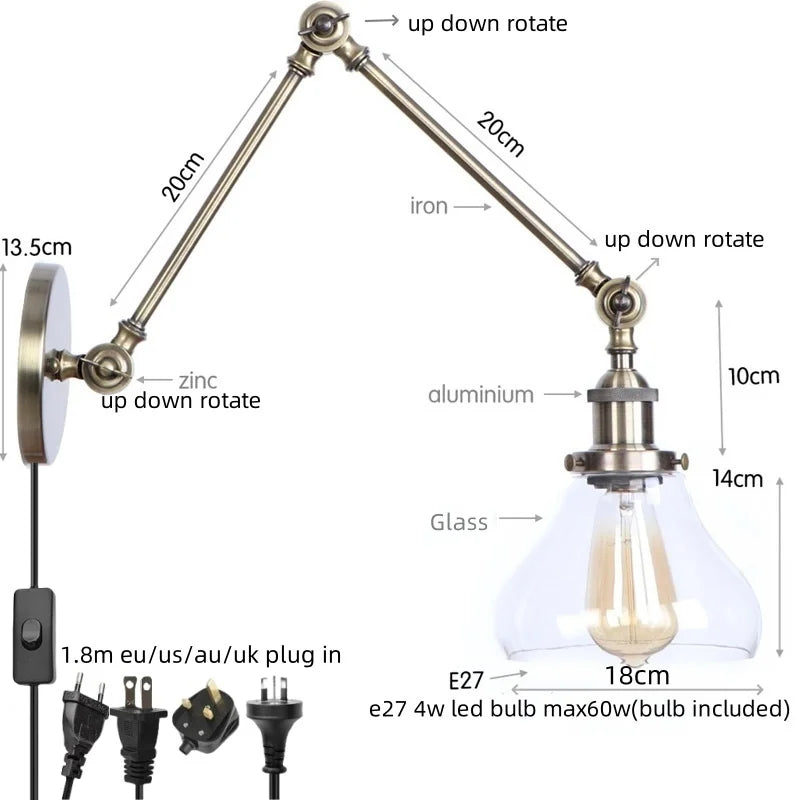 Afralia™ Vintage Industrial LED Wall Light with Clear Glass Shade & Adjustable Long Arm