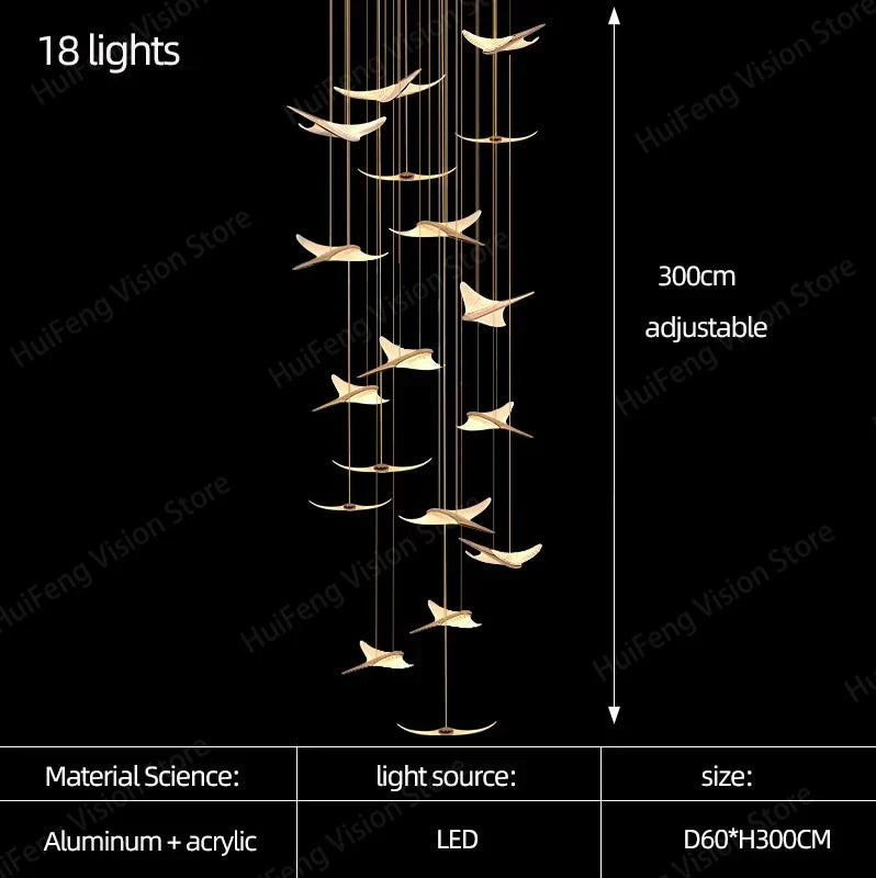 Afralia™ Gold Flying Bird LED Chandelier for Luxury Decor - Staircase, Dining Room, Villa