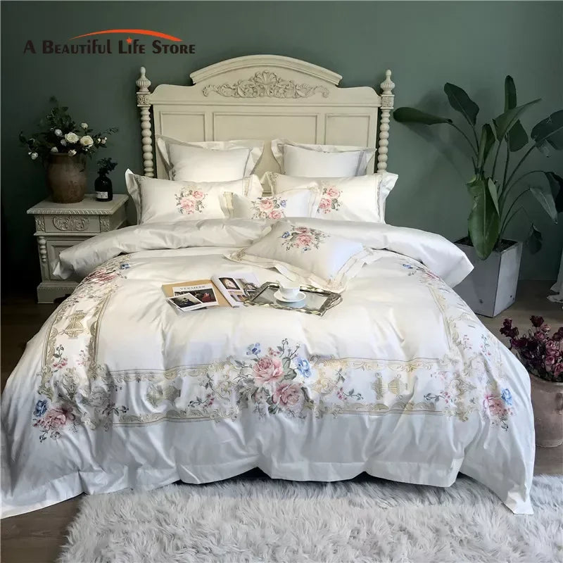 Afralia™ Luxury Flowers Embroidery Bedding Set, White, 100S, 4Pcs, 7Pcs