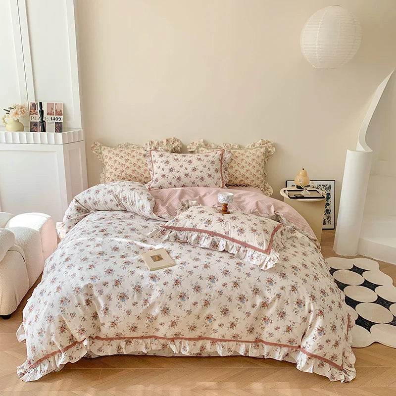 Afralia™ French Floral Bedding Set, 100% Cotton, Ruffles, Duvet Cover, Bed Sheet, Pillowcases