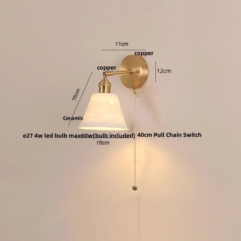 Afralia™ Copper LED Wall Light Fixture Pull Chain Switch Simple Art Bedside Lamp