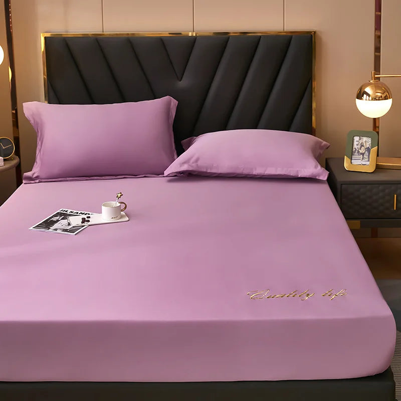 Afralia™ Silky Embroidered Fitted Sheet Set Queen Size Solid Color Luxury King Bedsheet