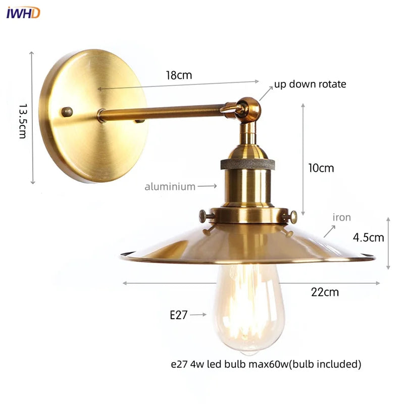 Afralia™ Loft LED Wall Lamp Gold Pull Chain Switch Industrial Luminaire