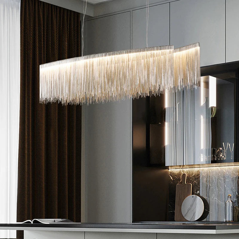 Afralia™ LED Tassel Chandelier Pendant Light for Living Room Villa Hall Silver Lustre