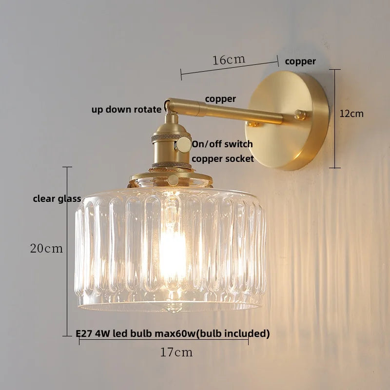 Afralia™ Clear Glass LED Wall Sconce, Modern Rotating Bedside Lamp with Pull Chain & Copper Socket