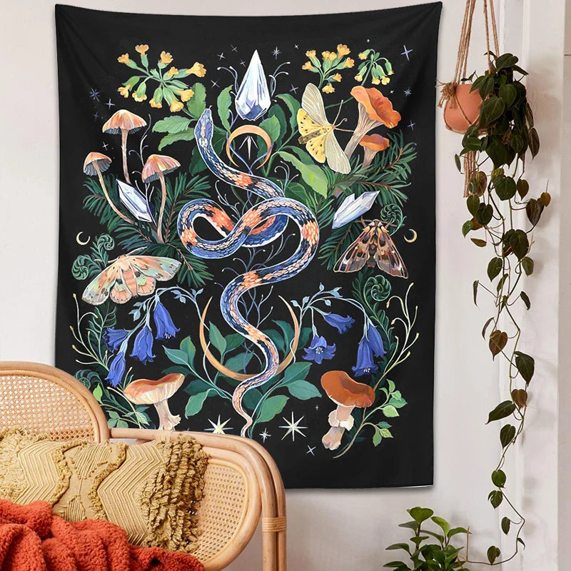 Mushroom Snake Tapestry Wall Hanging Hippie Boho Room Decor by Afralia™