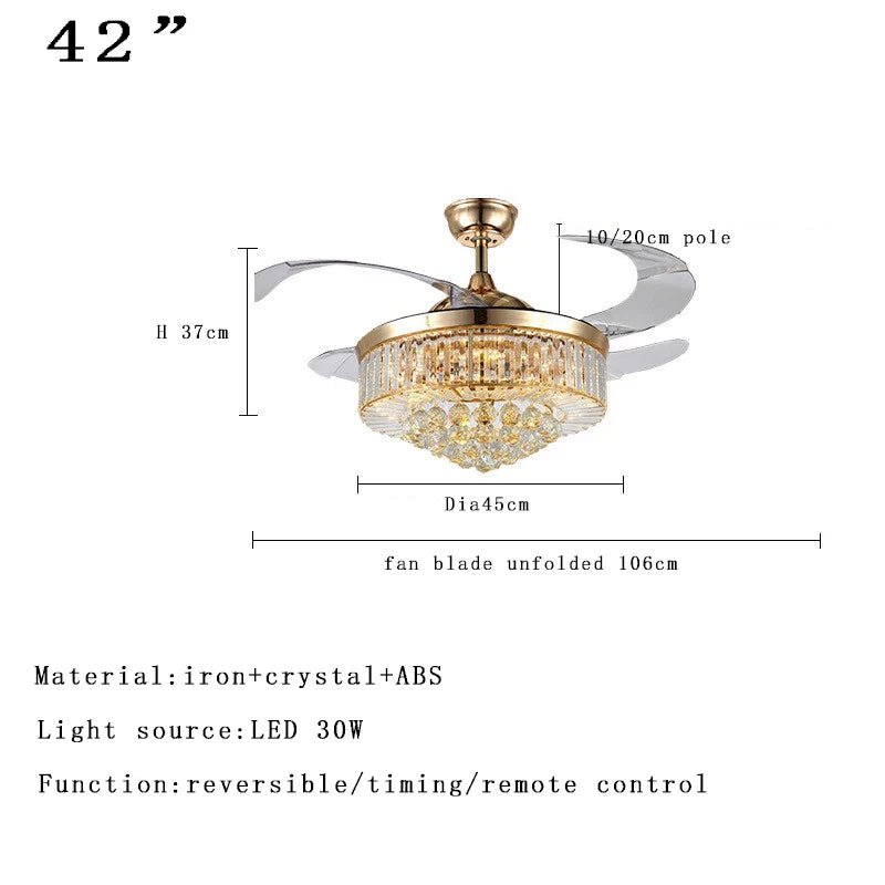 Afralia™ Luxury Crystal Ceiling Fan Lights Remote Control, Modern Retractable Chandelier Fan
