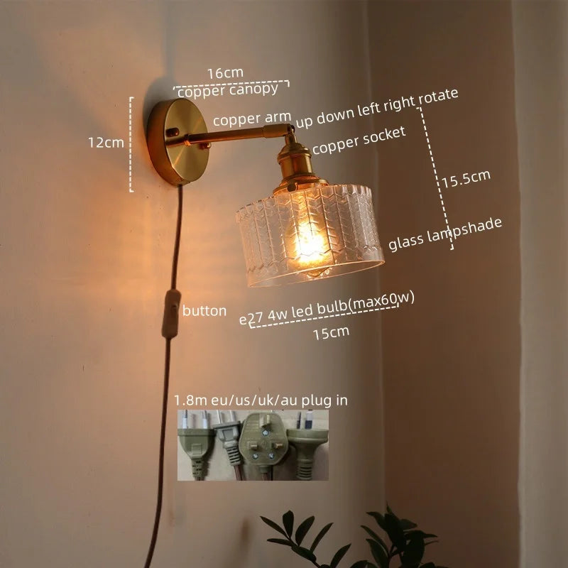 Afralia™ Vintage Glass LED Wall Light Fixture Bedroom Living Room Bedside Lamp Gold