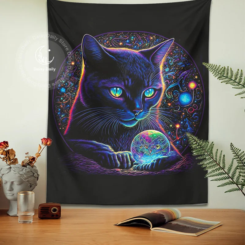 Afralia™ Black Cat Tapestry: Trippy Magic Crystal Ball Wall Art for Boho Home Decor