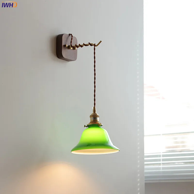 Afralia™ Walnut Canopy Green Glass LED Wall Light Fixture Hardwire Pull Chain Switch
