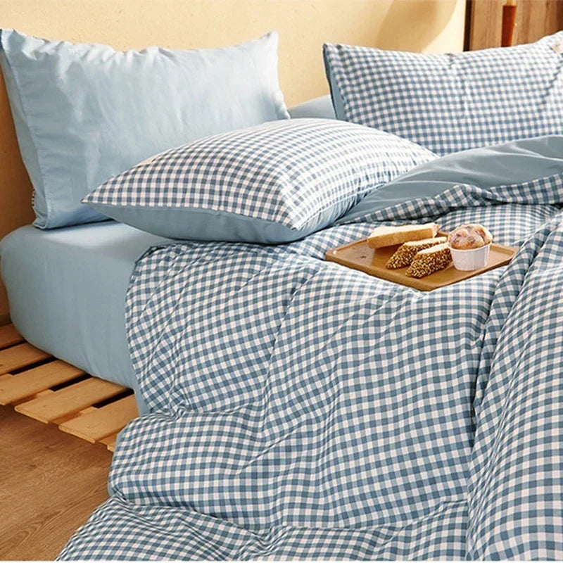 Afralia™ Japanese Grid Print Bed Set in Washed Cotton for Summer Comfort