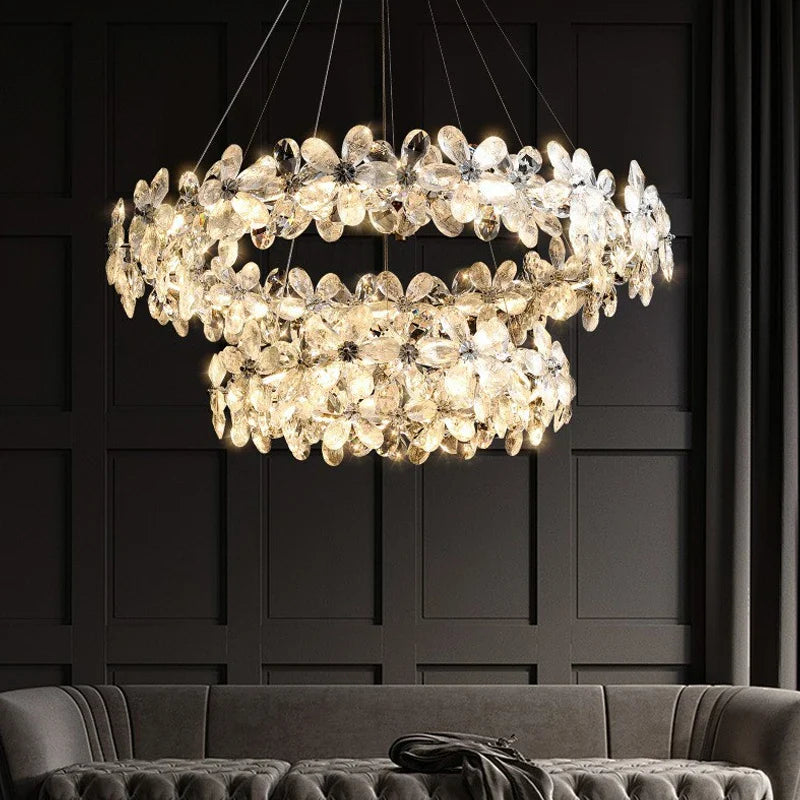 Afralia™ Chrome Petal Crystal Chandelier LED Ceiling Light for Luxurious Living Room Decor