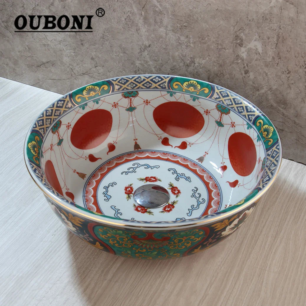 Afralia™ Boho Retro Ceramic Bathroom Washbasin Sink - Round Vintage Style