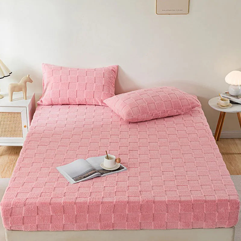 Afralia™ Tafu Velvet Fitted Sheet Coral Fleece Anti-Slip Bed Cover Grid Jacquard