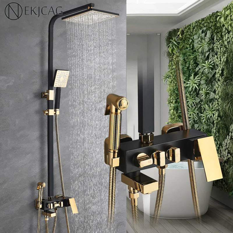 Afralia™ Black Gold Shower Faucet Set with Bidet Function, Wall Mounted Rainfall Mixer