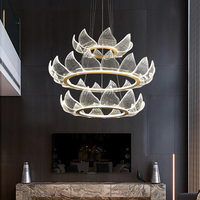 Afralia™ Lotus Acrylic LED Chandelier Gold Suspend Lamp for Living Room Lighting