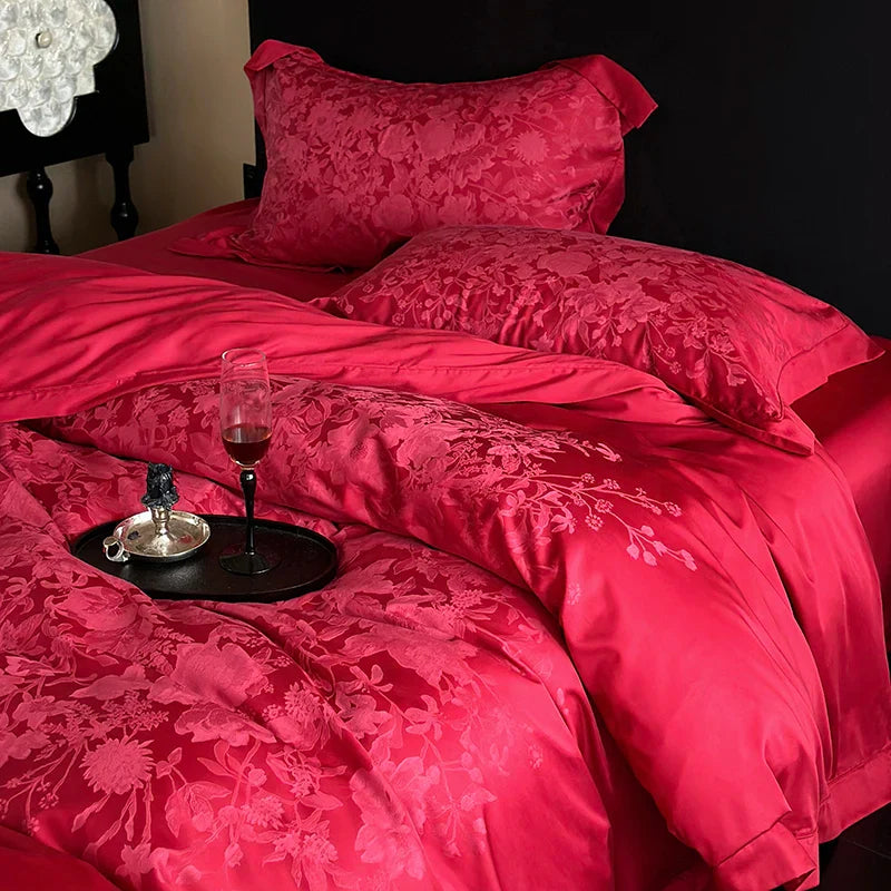 Afralia™ Silk Jacquard Egyptian Cotton Bedding Set with Duvet Cover, Sheet, Pillowcases