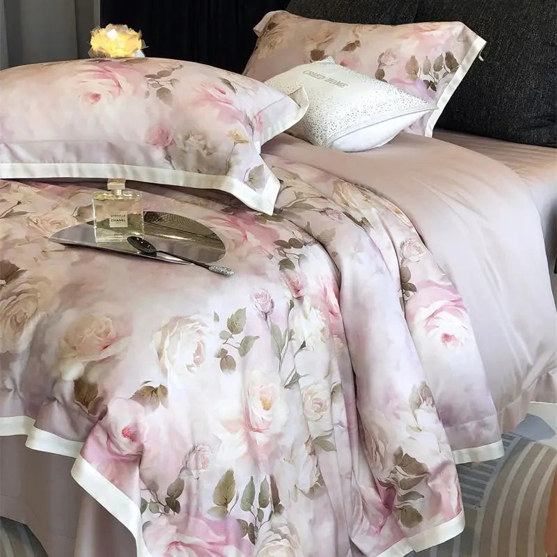 Afralia™ Pink Rose Flowers Print Bedding Set - 4Pcs
