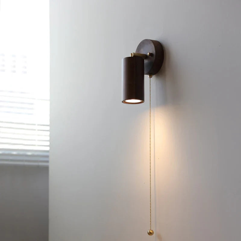 Afralia™ Nordic LED Wall Lamp Rotate Walnut Pull Chain Switch Mirror Light