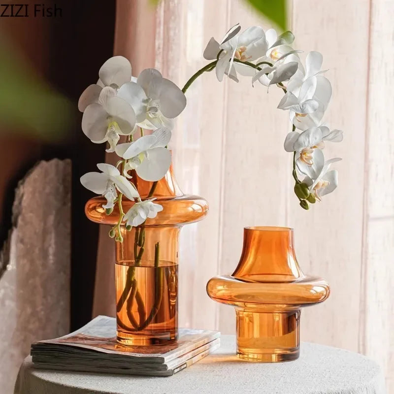 Afralia™ Amber Glass Vase Hydroponics Flower Pots Room Decor Arrangement Floral Vases