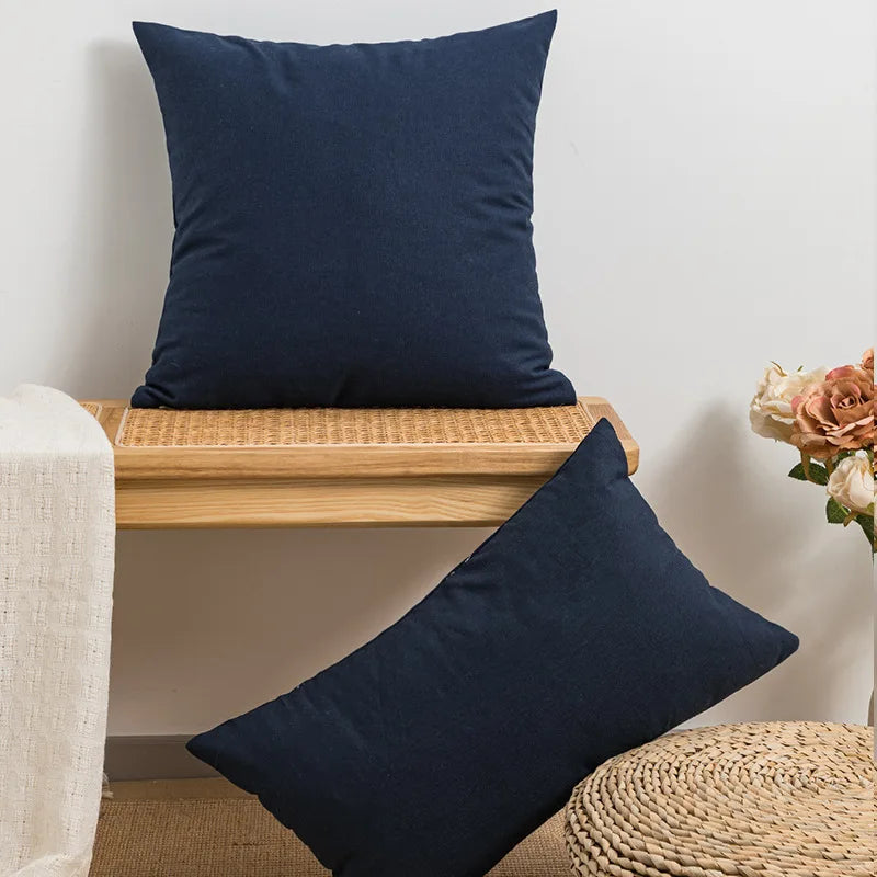 Afralia™ Navy Blue Yellow Stripe Embroidered Cotton Canvas Tufted Cushion Cover