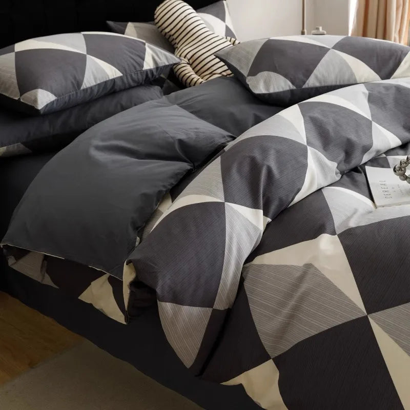 Afralia™ Pure Cotton Striped Bedding Set Duvet Cover Fitted Sheet Kit for Single/Double