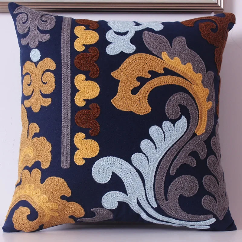 Afralia™ Moroccan Floral Navy Blue Embroidered Cushion Cover 45x45cm