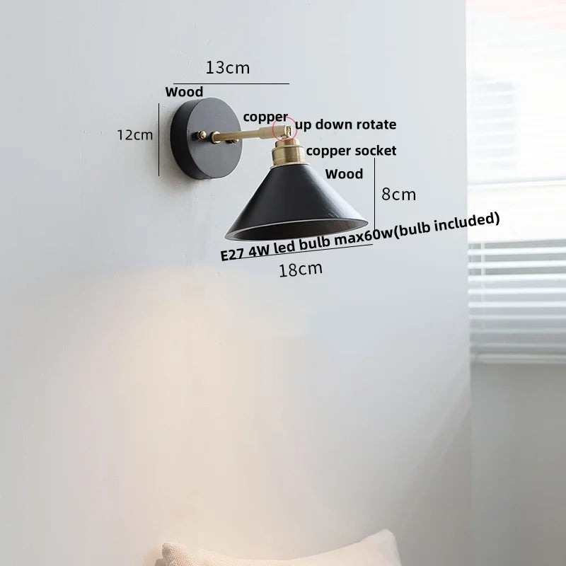 Afralia™ Wood Copper Wall Sconce Modern LED Fixture Bedside Lamp Bar Rotate Black