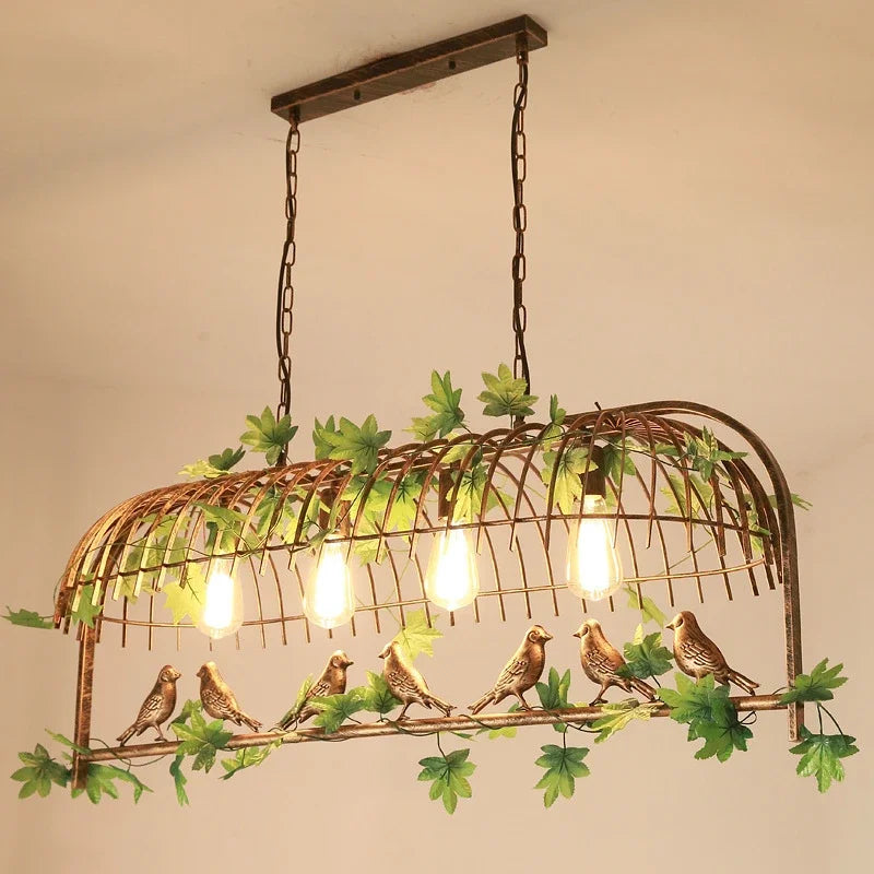 Afralia™ Iron Bird Cage Chandelier with Green Leaf Decoration and LED Lamps