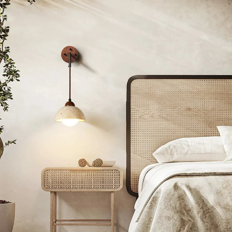 Afralia™ Retro Style Stone Wall Lamp Yellow Wood Cream Vintage Hanging Light