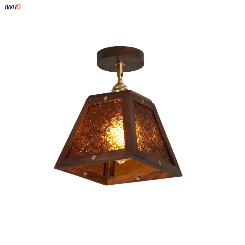 Afralia™ Vintage Wood & Copper Rotatable Ceiling Light - Amber Glass LED Fixture