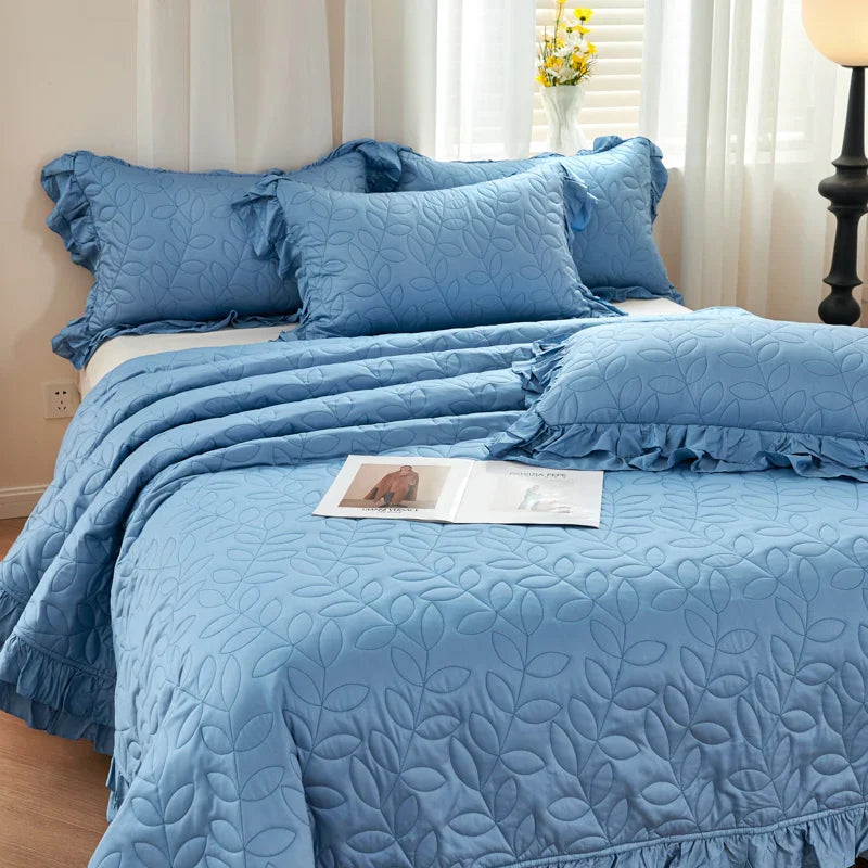 Afralia™ Leaf Embroidery Double Layer Lace Ruffles Quilt Set with Bedspread & Pillowcases