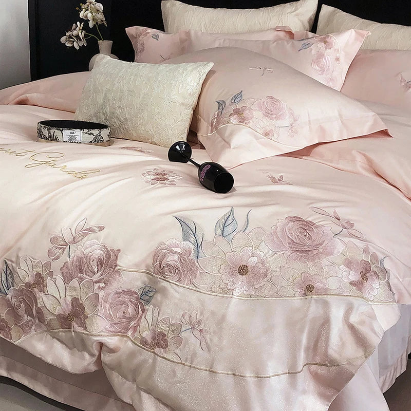 Afralia™ Luxury Flowers Embroidery Bedding Set 600TC Egyptian Cotton Duvet Cover Queen King Size
