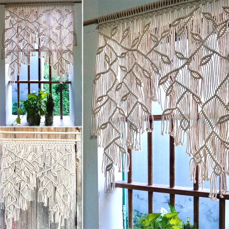 Afralia™ Macrame Leaf Pattern Curtain Tapestry Wall Hanging for Boho Room Decor